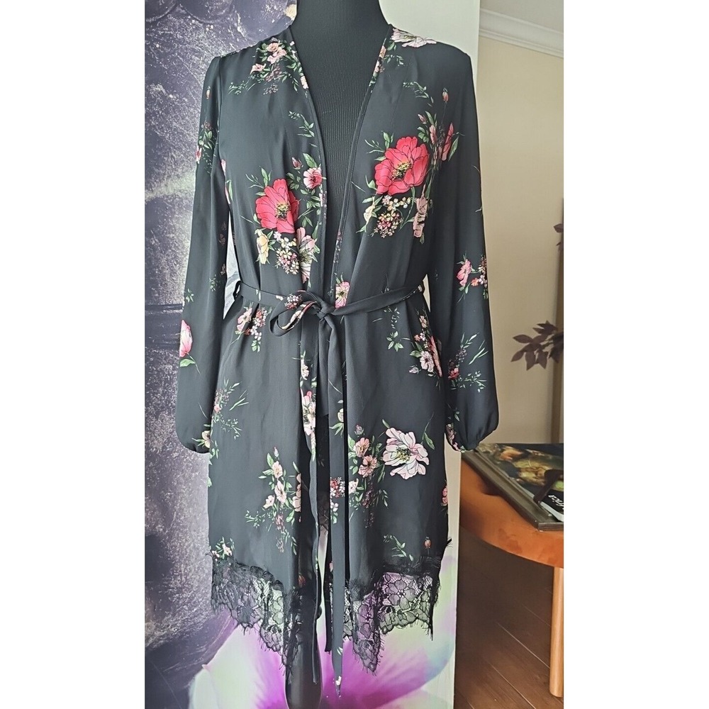 INC International Concepts Black Floral Satin Belted Robe w/ Pockets sz M YJ01